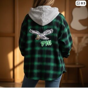Kelly Green Eagles Women's Plaid Button down shirt with hoodie